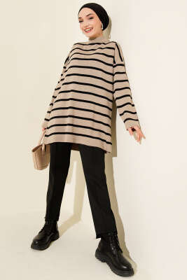 Yatay Çizgi Detaylı Basic Triko Tunik Vizon - Tunik