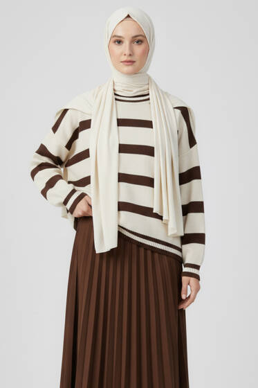Yatay Çizgi Detaylı Kısa Triko Kazak Bej Kahve - Triko Kazak
