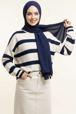 Yatay Çizgi Detaylı Kısa Triko Kazak Bej Lacivert - VANİZA TRİKO