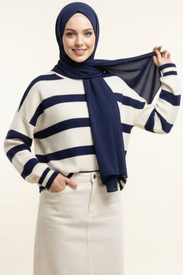 Yatay Çizgi Detaylı Kısa Triko Kazak Bej Lacivert - Triko Kazak