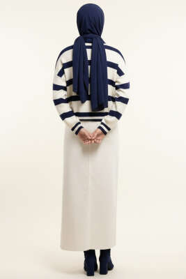 Yatay Çizgi Detaylı Kısa Triko Kazak Bej Lacivert - Triko Kazak