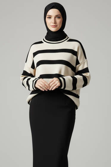 Yatay Çizgi Detaylı Kısa Triko Kazak Bej Siyah - Triko Kazak