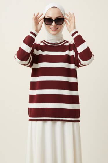 Yatay Çizgi Detaylı Kısa Triko Kazak Bordo - Triko Kazak