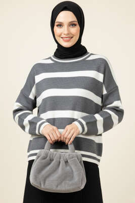 Yatay Çizgi Detaylı Kısa Triko Kazak Füme Ekru - VANİZA TRİKO