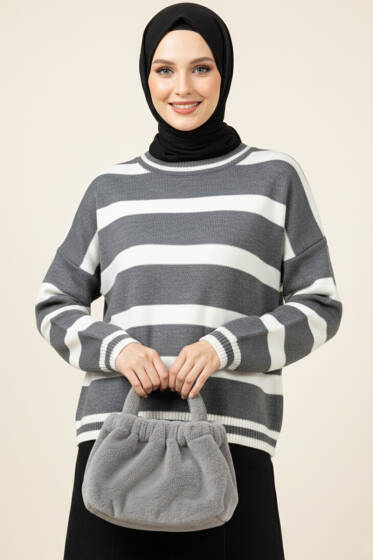 Yatay Çizgi Detaylı Kısa Triko Kazak Füme Ekru - Triko Kazak