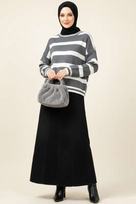 Yatay Çizgi Detaylı Kısa Triko Kazak Füme Ekru - Triko Kazak