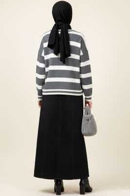 Yatay Çizgi Detaylı Kısa Triko Kazak Füme Ekru - Triko Kazak