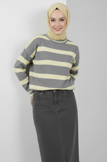 Yatay Çizgi Detaylı Kısa Triko Kazak Gri Sarı - Triko Kazak
