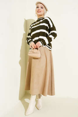 Yatay Çizgi Detaylı Kısa Triko Kazak Haki - Triko Kazak