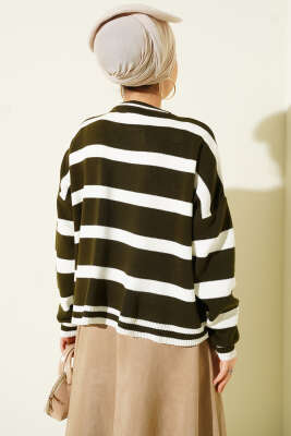 Yatay Çizgi Detaylı Kısa Triko Kazak Haki - Triko Kazak