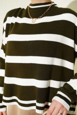 Yatay Çizgi Detaylı Kısa Triko Kazak Haki - Triko Kazak