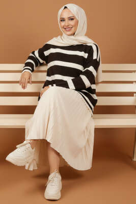 Yatay Çizgi Detaylı Kısa Triko Kazak Kahve - Yılın Fırsatı