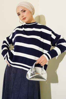 Yatay Çizgi Detaylı Kısa Triko Kazak Lacivert 