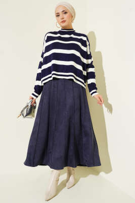 Yatay Çizgi Detaylı Kısa Triko Kazak Lacivert - Yılın Fırsatı