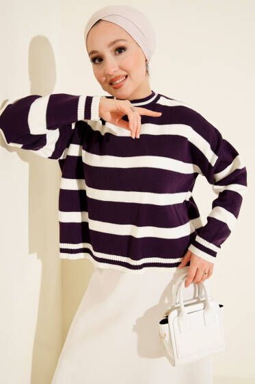 Yatay Çizgi Detaylı Kısa Triko Kazak Mor - Triko Kazak