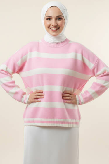 Yatay Çizgi Detaylı Kısa Triko Kazak Pembe - Triko Kazak