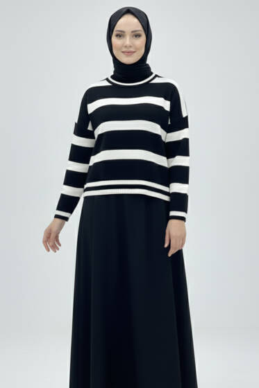 Yatay Çizgi Detaylı Kısa Triko Kazak Siyah - Triko Kazak