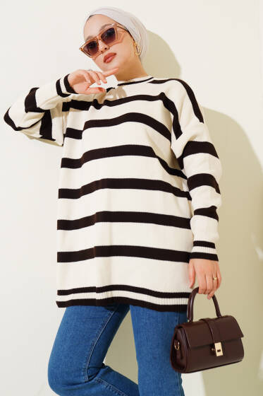 Yatay Çizgi Detaylı Triko Tunik Bej Kahve - Tunik