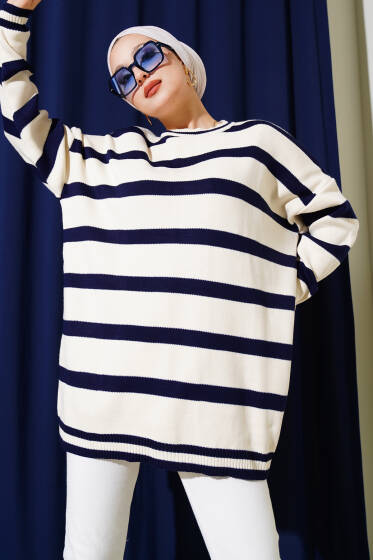 Yatay Çizgi Detaylı Triko Tunik Bej Lacivert - Tunik