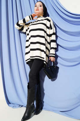 Yatay Çizgi Detaylı Triko Tunik Bej - Tunik