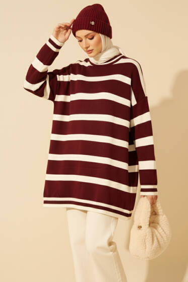 Yatay Çizgi Detaylı Triko Tunik Bordo - Tunik