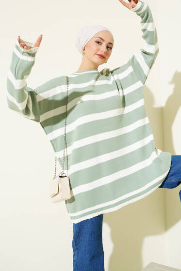 Yatay Çizgi Detaylı Triko Tunik Çağla Yeşili - Tunik