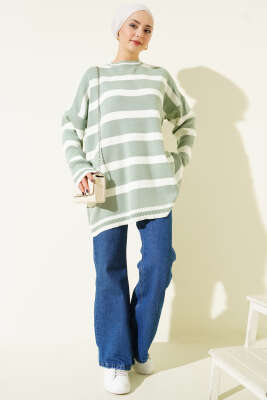 Yatay Çizgi Detaylı Triko Tunik Çağla Yeşili - Tunik