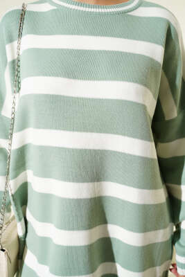 Yatay Çizgi Detaylı Triko Tunik Çağla Yeşili - Tunik