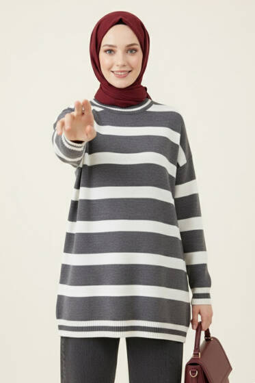 Yatay Çizgi Detaylı Triko Tunik Füme - Tunik