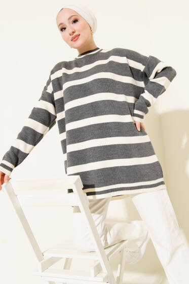 Yatay Çizgi Detaylı Triko Tunik Füme - Tunik