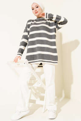 Yatay Çizgi Detaylı Triko Tunik Füme - Tunik