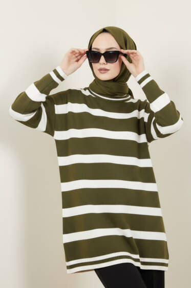 Yatay Çizgi Detaylı Triko Tunik Haki - Tunik