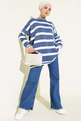 Yatay Çizgi Detaylı Triko Tunik İndigo - Tunik