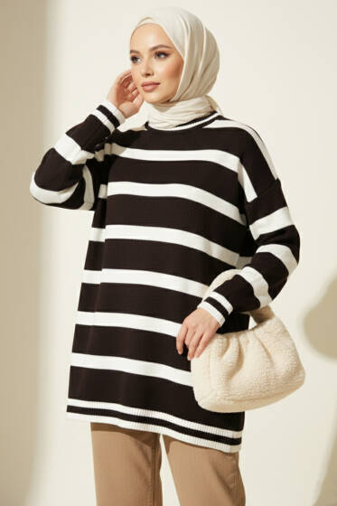 Yatay Çizgi Detaylı Triko Tunik Kahve - Tunik