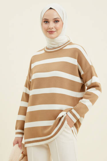 Yatay Çizgi Detaylı Triko Tunik Latte - Tunik