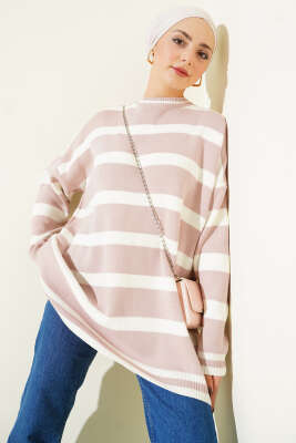 Yatay Çizgi Detaylı Triko Tunik Pudra - VANİZA TRİKO