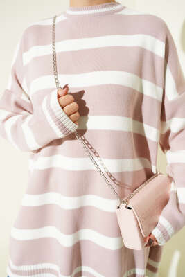 Yatay Çizgi Detaylı Triko Tunik Pudra - Tunik