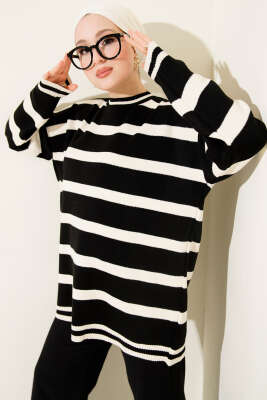 Yatay Çizgi Detaylı Triko Tunik Siyah Bej - VANİZA TRİKO