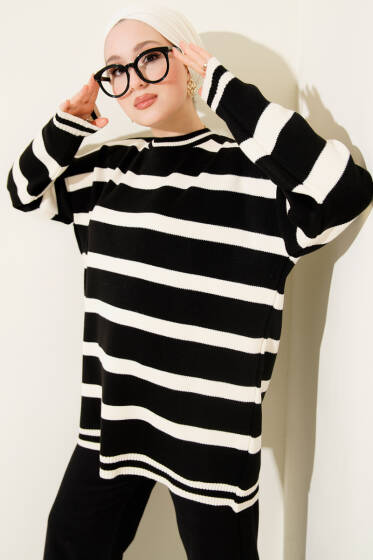 Yatay Çizgi Detaylı Triko Tunik Siyah Bej - Tunik
