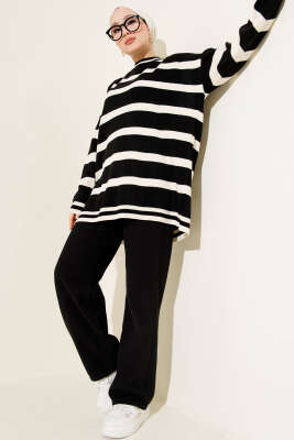 Yatay Çizgi Detaylı Triko Tunik Siyah Bej - Tunik