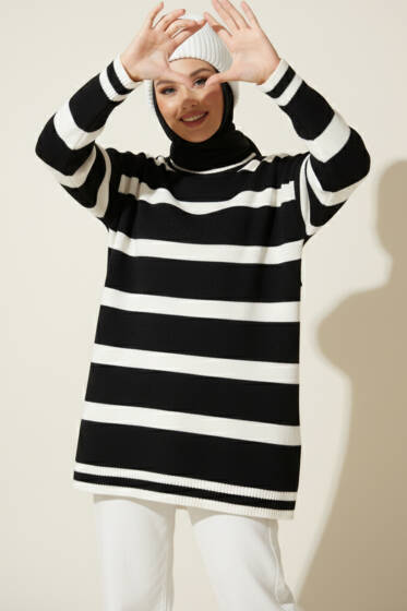 Yatay Çizgi Detaylı Triko Tunik Siyah - Tunik