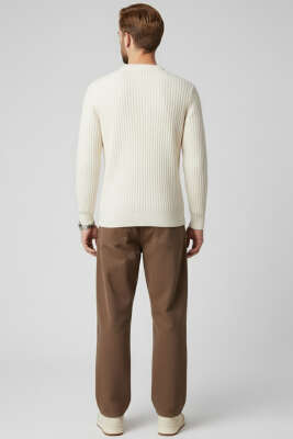 Yatay Çizgi Fitilli Erkek Triko Kazak Bej - Erkek Kazak