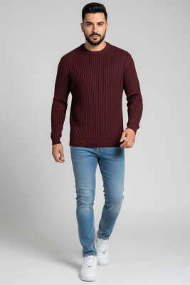 Yatay Çizgi Fitilli Erkek Triko Kazak Bordo - Erkek Kazak