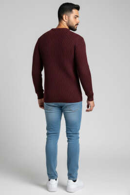 Yatay Çizgi Fitilli Erkek Triko Kazak Bordo - Erkek Kazak