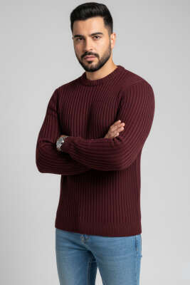 Yatay Çizgi Fitilli Erkek Triko Kazak Bordo 