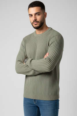 Yatay Çizgi Fitilli Erkek Triko Kazak Çağla Yeşili 