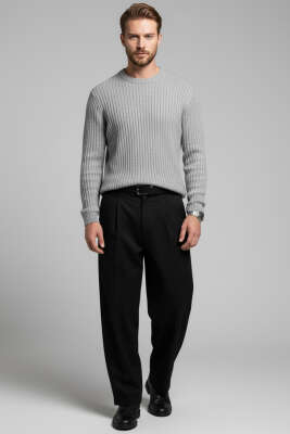 Yatay Çizgi Fitilli Erkek Triko Kazak Gri - Erkek Kazak