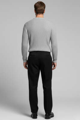 Yatay Çizgi Fitilli Erkek Triko Kazak Gri - Erkek Kazak