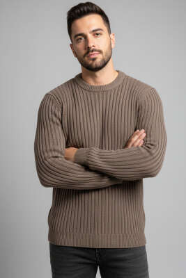 Yatay Çizgi Fitilli Erkek Triko Kazak Vizon 