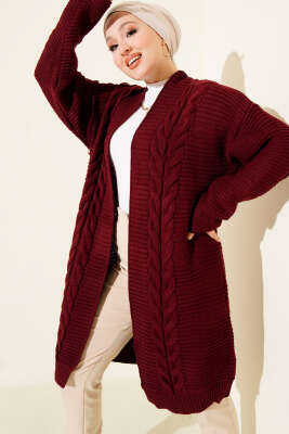 Yatay Çizgi Kabartmalı Triko Hırka Bordo - RAFİMİX